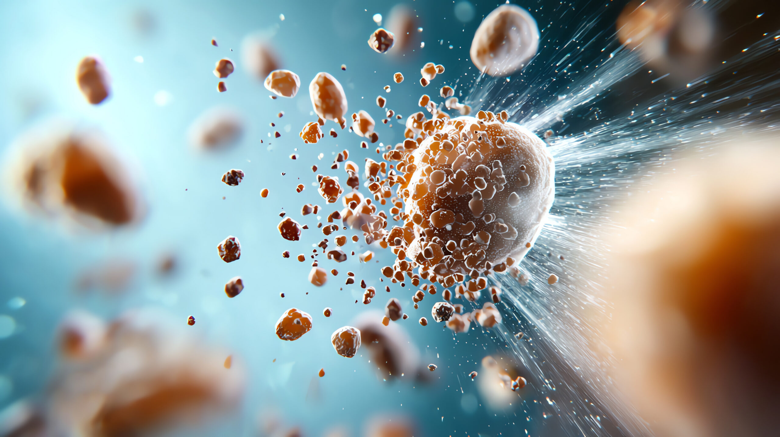 Picture of a kidney stone disintegrating and appearing to explode out of the page