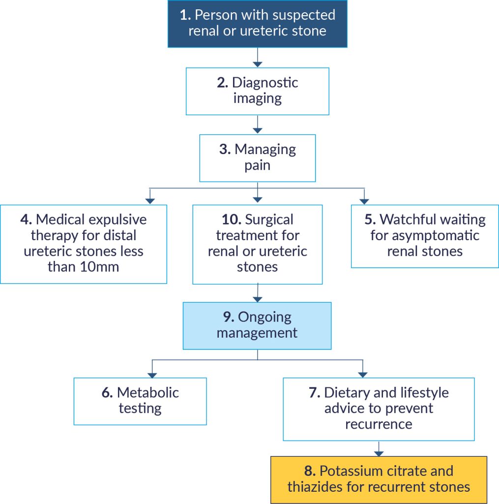 Flow chart showing the management pathway for suspected renal or ureteric stones: person with suspected stone leads to diagnostic imaging, then pain management, followed by options of medical expulsive therapy for distal ureteric stones less than 10 mm, watchful waiting for asymptomatic renal stones, or surgical treatment. After treatment, ongoing management includes metabolic testing and dietary and lifestyle advice to prevent recurrence, with potassium citrate and thiazides for recurrent stones.