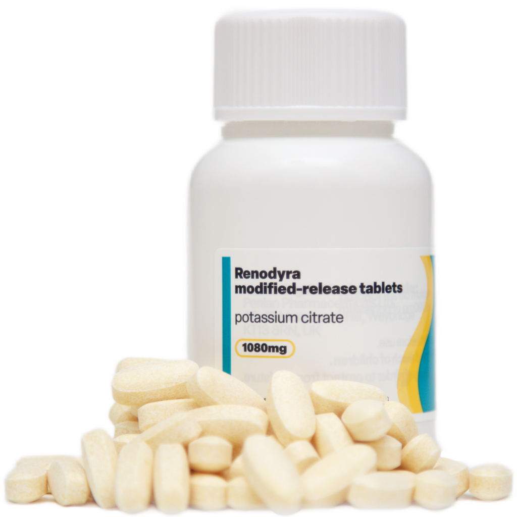 White plastic bottle of Renodyra modified-release potassium citrate tablets (1080mg) standing behind a pile of off-white tablets on a white background.