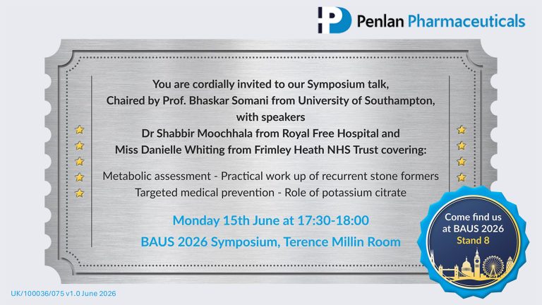Penlan Pharmaceuticals invitation to a BAUS 2026 symposium talk, with event details and a callout to visit Stand 8.